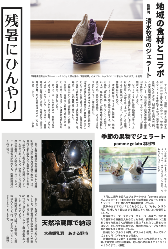 地域の食材とコラボ ブルーベリー、酒粕、茶など地域の食材と自社の生乳を組み合わせ、特色あるジェラートを提供するのが、清水牧場 2つの味が楽しめるダブル。焼きりんごのクッキークリーム&とうもろこし(左)。もも&ブルーベリーミルク 瑞穂町清水牧場のジェラート WESTLANDFARM(瑞穂町長岡長谷部)。この夏は瑞穂農芸高校の生徒が栽培したブ 残暑にひんやり センチほどの穴をくぐる少し難易度の高いコースになっている。営業時間は9時~時。木曜定休。入洞料は大人600円。問い合わせは042 ルーベリー、地元出身で北海道在住の農家が手掛けたハスカップのジェラートが季節限定メニューに上る。ショーケースには常時種類が並ぶ。よく練られ、空気を豊富に含んだジェラートは口当たりが滑らかでふわっとした食感。ミルクの風味がよく、さらっとした甘さが男性客にも好まれる。清水牧場は1946年に創業し、現在120~130頭の乳牛を飼育する。搾った乳は「東京牛乳」のブランドで出回っているが、牛乳以外に「世代を超えて気軽に食べられ、喜ばれる商品を」と2018年5月にジェラート店を開いた。店を仕切る清水文さんは開店当初から、 「地域活性化や地産地消に貢献できたら」という思いを強く持っており、生産者からの提案で食材を預かっては試作を重ね、地場メニューを種類まで増やした。店舗向かいの茶園「西村園」の紅茶、ほうじ茶や、青梅市の岩蔵で焙煎するコーヒーを使ったジェラートは季節を問わず年に複数回、提供している。カップ、コーンなどが選べ、価格はSサイズ300円、シングル330円、ダブル430円、ソフトクリーム330円。営業時間は時分~時。水曜定休。日は臨時休業。問い合わせは042(557)8077まで。(伊藤) 季節の果物でジェラート pommegelato羽村市 7月に1周年を迎えたジェラートの店「pommegelatoポムジェラート」(東出道店主)では季節のフルーツを使ったジェラートを日替わりで数種類提供している。夏季のおすすめは「とうもろこし」と「もも」(+50円)。取材した4日はあきる野産のトウモロコシを使用していた。材料はファーマーズセンターやスーパーのほか、市の仲介で農家から直接仕入れることもある。長野県のリンゴ農家で育った東出さんが経験から得た「とれたてに勝るものはない」という考えに基づき、檜原村のルバーブなど地元産の食材も多く使用している。価格はシングル380円、ダブル430円、キッズサイズ250円(小学6年まで対象)。営業時間は12時~18時頃(なくなり次第終了)。月曜、火曜定休(祝日は営業)。問い合わせは042(533)4130まで。(藤野) 天然冷蔵庫で納涼 大岳鍾乳洞あきる野市