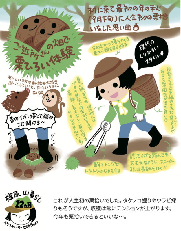 これが人生初の栗拾いでした。タケノコ掘りやワラビ採 りもそうですが、収穫は常にテンションが上がります。 今年も栗拾いできるといいな…。